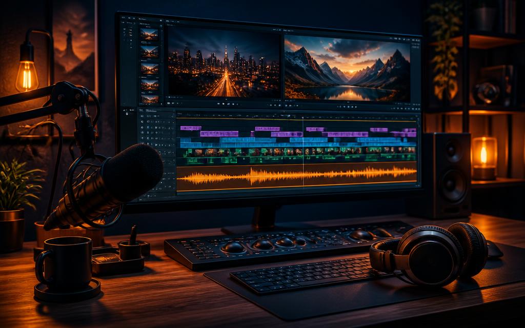 Editing timeline with a voice-over waveform and a microphone on a boom arm